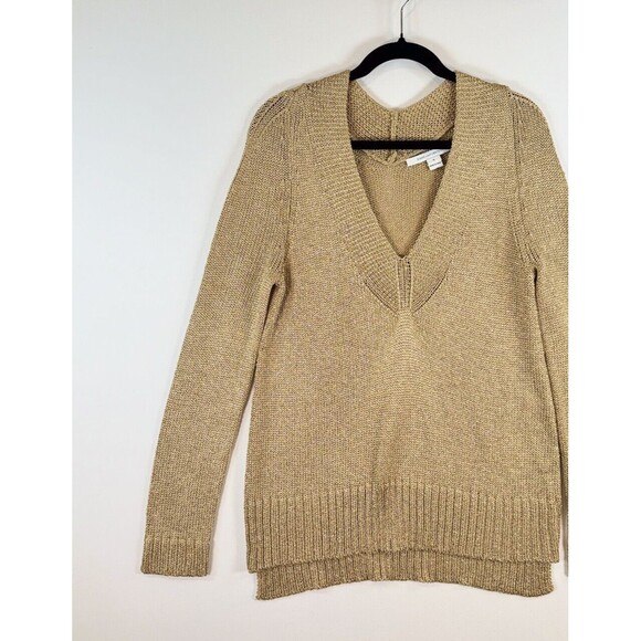 Diane Von Furstenberg Women Sweater Gold Acetate V Neck Pullover Jumper M Medium - Picture 4 of 11